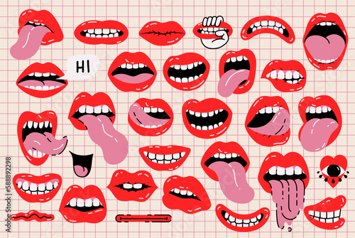 Vector illustrations Set with different female lips and eyes, emoji in a cartoon style, editable strokes