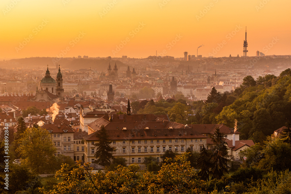 Fototapeta premium Early morning aerial view of Prague, Czech Republic