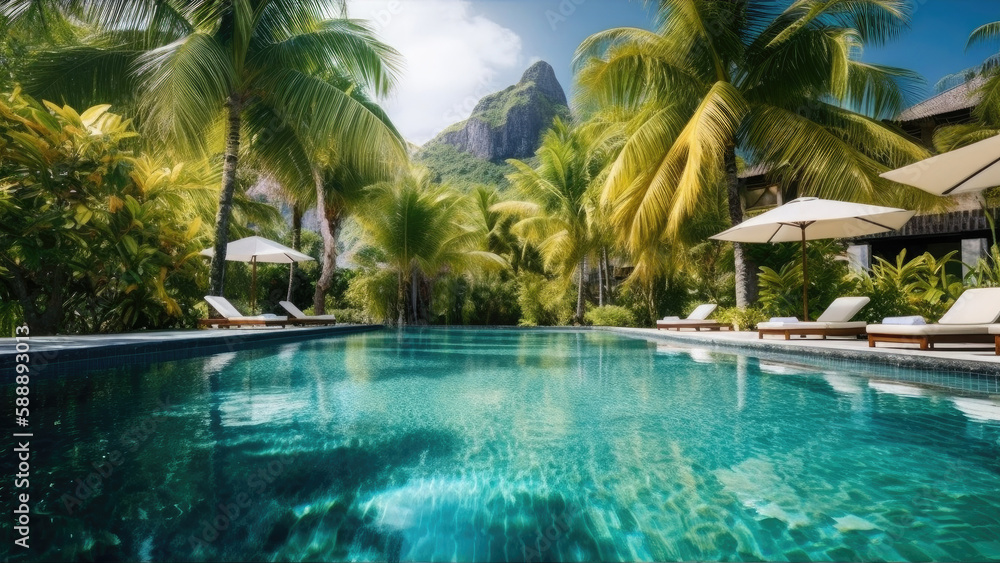 Large swimming pool in a hotel on a tropical island. Generative ai.