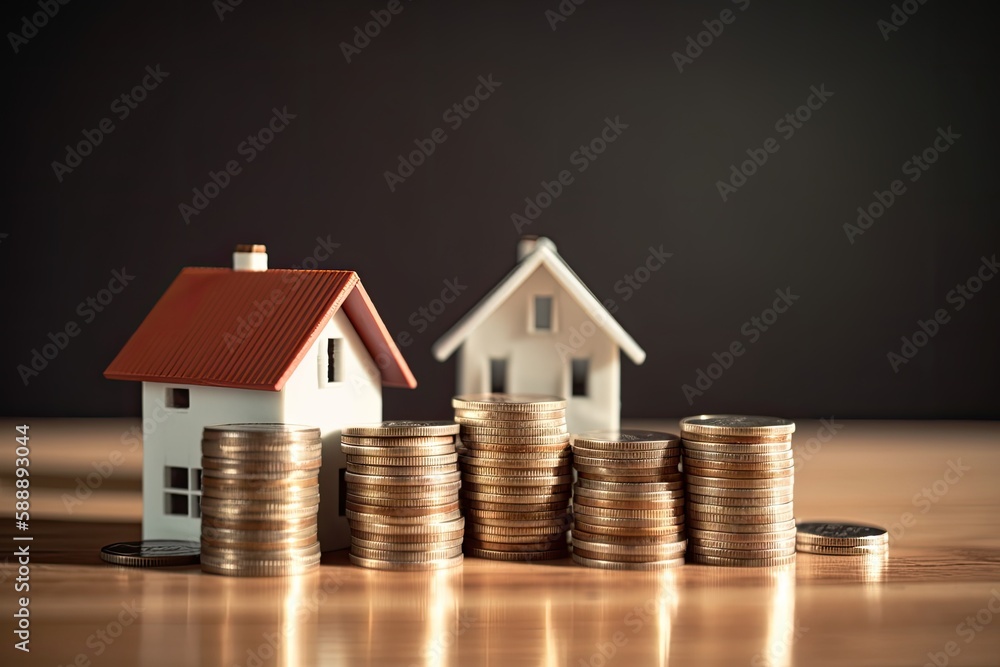 Real estate sales and investment two miniature houses with gold coins on the table. Generative ai. Real estate sales and investment two miniature houses with gold coins on the table. Generative ai.