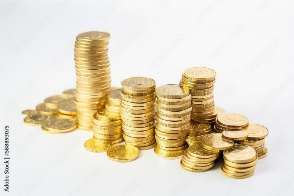 Pile of gold coins isolated on white background, investment. Generative ai. Pile of gold coins isolated on white background, investment. Generative ai.