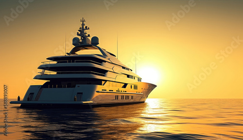 Modern expensive yacht sails sunset. Generative ai. © Iryna
