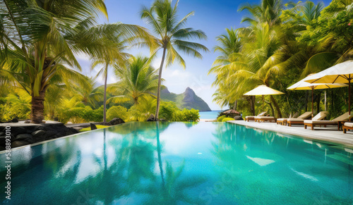 Beautiful view of the hotel pool surrounded by jungle and mountains. Generative ai. © Iryna