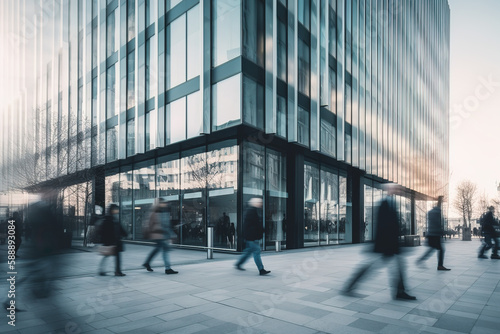 Modern building architecture with blurred peoples walking on the street made with Generative AI