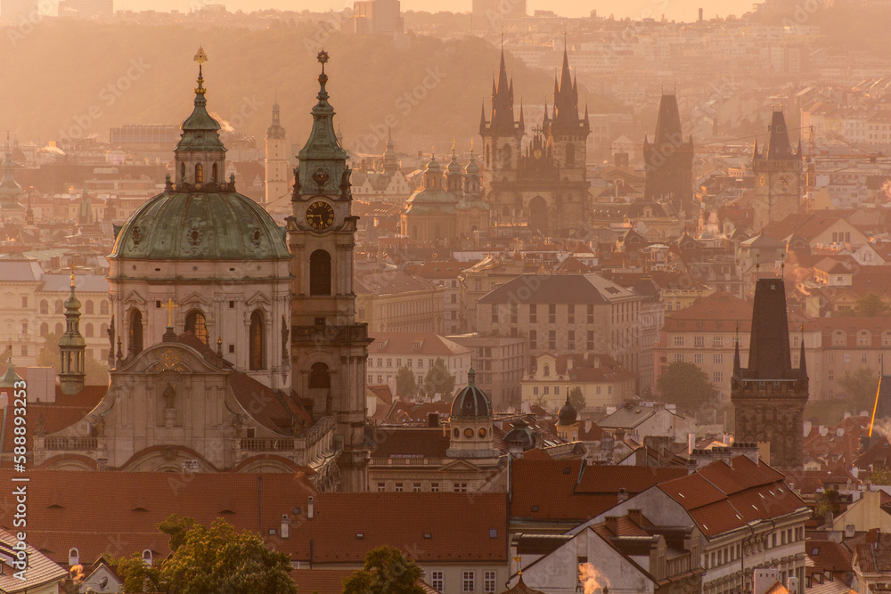 Early morning aerial view of Prague with St. Nicholas Church, Czech Republic