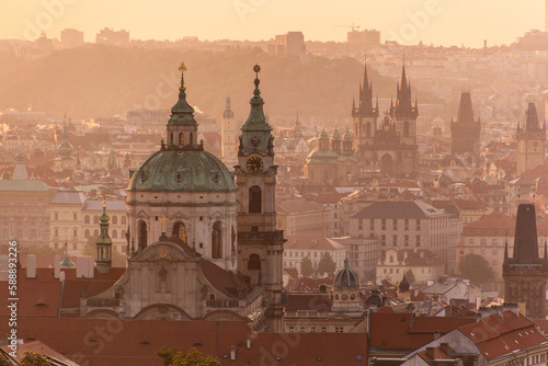Early morning view of Prague, Czech Republic. St. Nicholas Church and Church of Our Lady before Tyn visible.