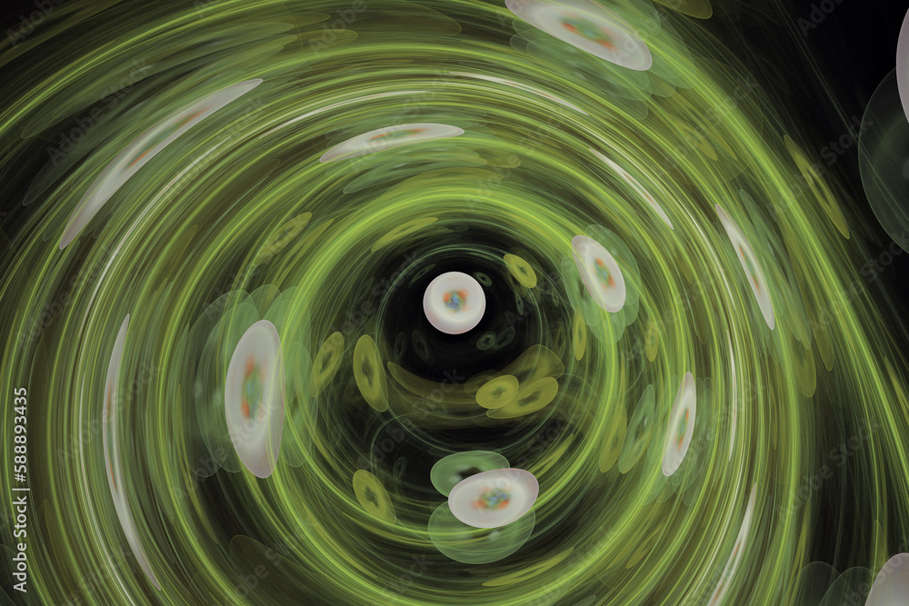 A green swirling pattern of crooked waves and shapes on a black background. Abstract fractal 3D rendering A green swirling pattern of crooked waves and shapes on a black background. Abstract fractal 3D rendering