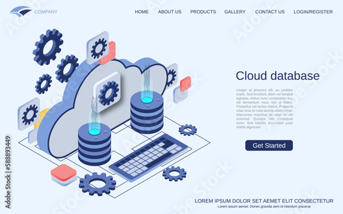 Cloud database, remote server, cloud disc modern 3d isometric vector concept illustration. Landing page design template