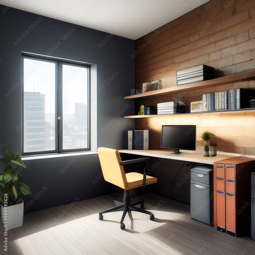 Illustration of an office with an outside view (Generative AI) Illustration of an office with an outside view (Generative AI)