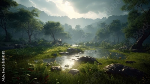 Mysterious River landscape  Featuring a Serene and Peaceful montain river among Majestic Mountains  Misty Atmosphere - AI Generated