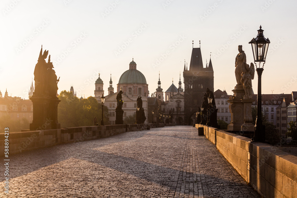 Early morning view of the Charles Bridge in Prague, Czech Republic