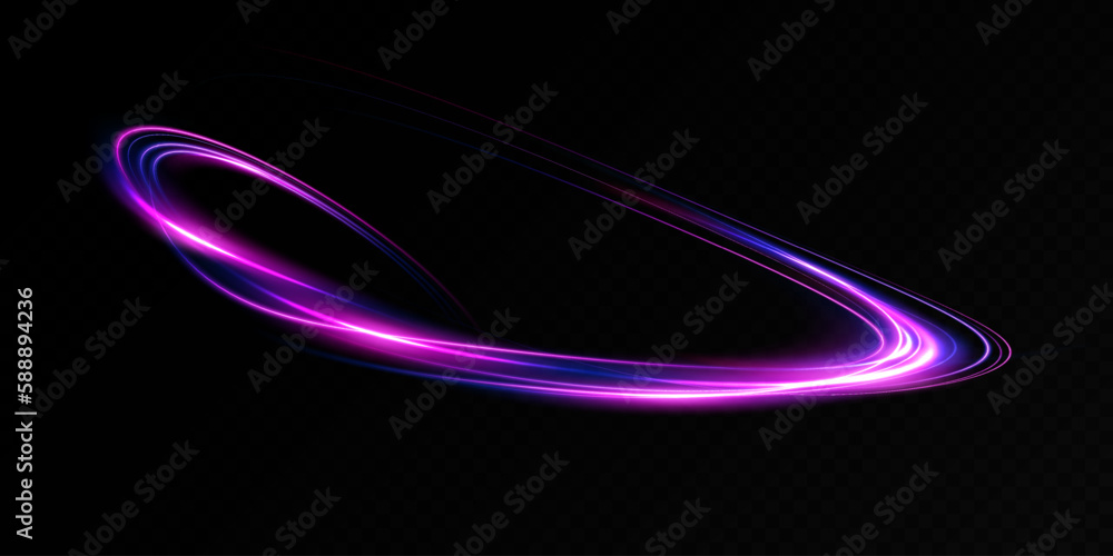 Abstract light lines of movement and speed in neon color. Light everyday glowing effect. semicircular wave, light trail curve swirl, optical fiber incandescent. - obrazy, fototapety, plakaty 