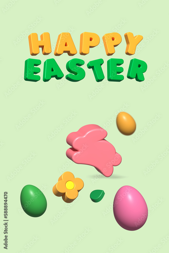 Holiday Easter background with colorful Easter eggs, text with Happy Easter, flowers, green leaves on pastel green background. Greeting card or poster. 3d rendering Holiday Easter background with colorful Easter eggs, text with Happy Easter, flowers, green leaves on pastel green background. Greeting card or poster. 3d rendering