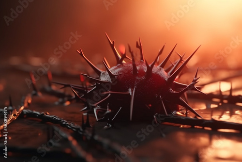 A red crown of thorns sits on a rock with the sun behind it.
