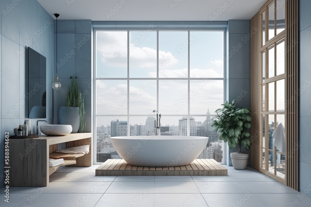 Fototapeta premium The inside of a modern bathroom features a white bathtub, a blue empty wall, ceramic tile flooring, a wooden barrier, and a panoramic window. concept for a relaxing space with a minimalist style. clos