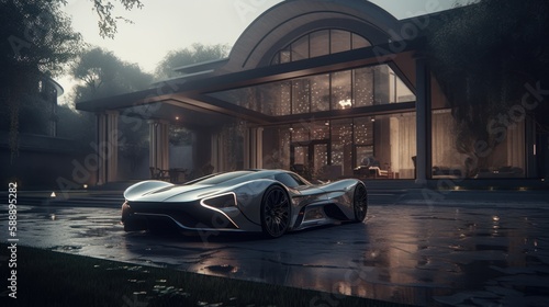 Experience High-End Living and Style with a Luxurious House and Sleek Bright-Light Supercar Outdoor, Generative AI