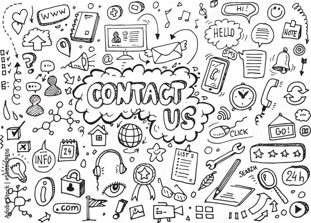 Contact us vector icons set, isolated doodles on white background Contact us vector icons set, isolated doodles on white background