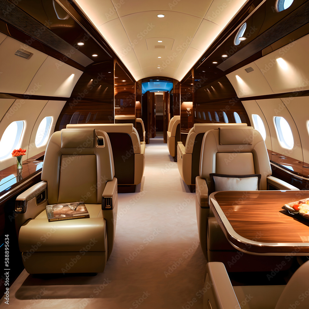Luxury interior in the modern business jet and sunlight at the window/sky created with Generative AI technology.