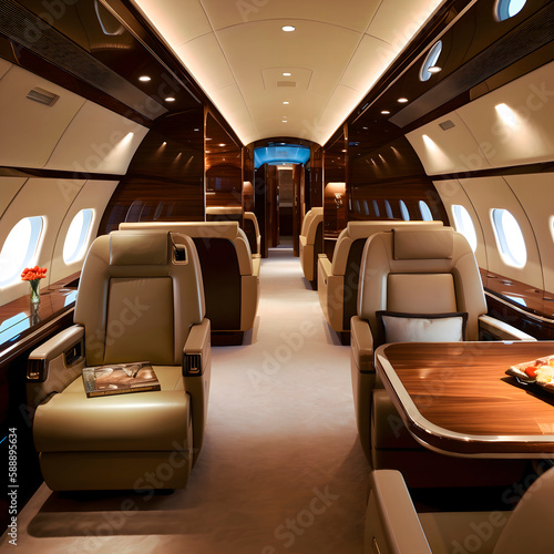Luxury interior in the modern business jet and sunlight at the window/sky created with Generative AI technology.