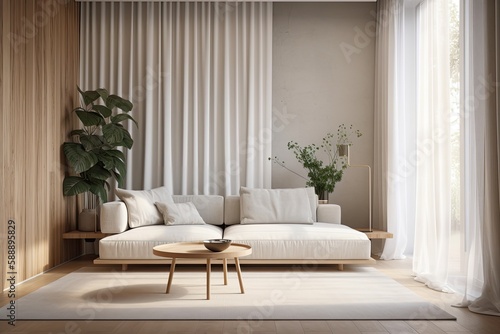 Interior design of a contemporary room with a sofa  pillows  table  vase  plants  and drapes. Generative AI