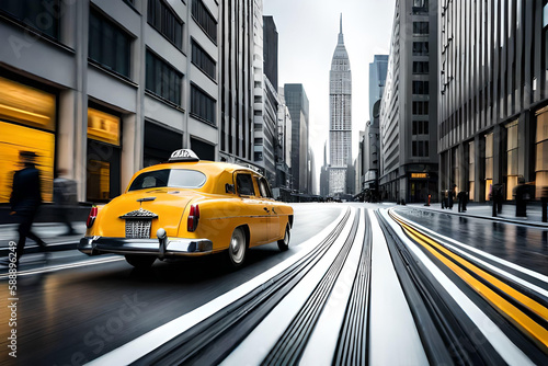 Yellow taxi moving over street. AI generated illustration