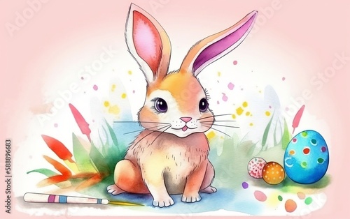 Happy looking cute easter bunny and colorful eggs. Watercolor, kids drawing. Generative AI.