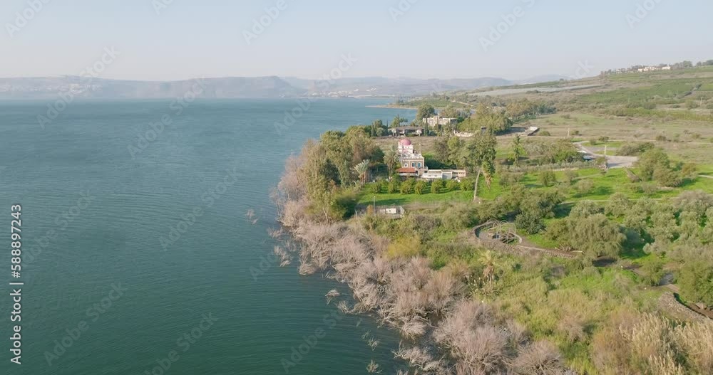 Aerial view of a religious sit by the lake, Capernaum, Sea of Galilee, Israel. Aerial view of a religious sit by the lake, Capernaum, Sea of Galilee, Israel.