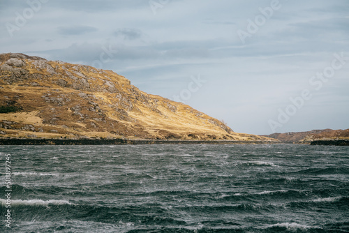 Beautiful scenic landscape view of Loch Rog on Isle of Lewis viewed from boat