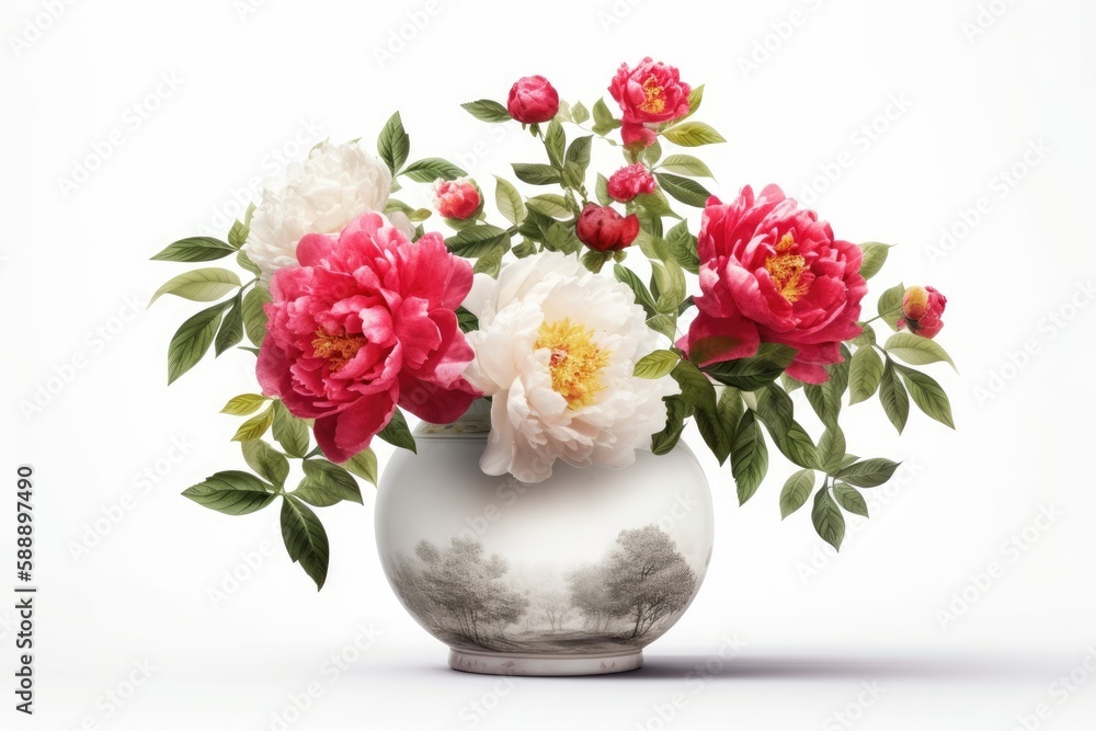 Isolated on a white background, decorative peony and bougainvillea in a porcelain vase. Generative AI