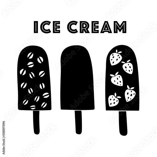 Vector set of three types of ice cream. Black on a white background. Hand drawing, minimalism, illustration. Cafe, rest, children.