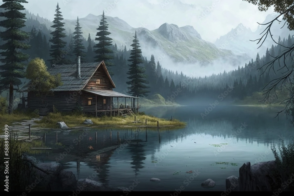 Fototapeta premium Relaxing view of a wood log touristic cabin with a lake nearby and mountain. Beautiful serene rustic landscape illustration. Ai generated