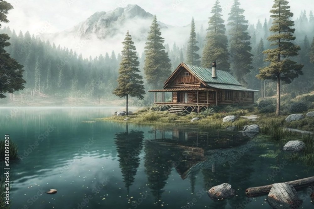 Relaxing view of a wood log touristic cabin with a lake nearby and mountain. Beautiful serene rustic landscape illustration. Ai generated Relaxing view of a wood log touristic cabin with a lake nearby and mountain. Beautiful serene rustic landscape illustration. Ai generated