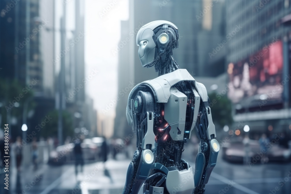 AI Bot in a City Background, AGI, 3D Render, Future, Wallpaper AI Bot in a City Background, AGI, 3D Render, Future, Wallpaper