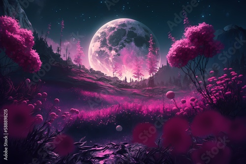 Fantasy landscape with pink moon and fairy garden, generative ai