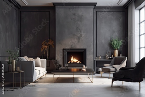 Large living room with a luxurious lounge space. Large fireplace and beige chairs with bright accents. Interior of a luxurious American style home. Microcement texture on a dark gray plaster stucco wa