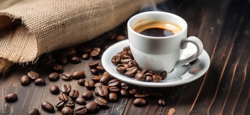 Fresh hot espresso with coffee beans on a wooden background and a bag. Generative ai. Fresh hot espresso with coffee beans on a wooden background and a bag. Generative ai.