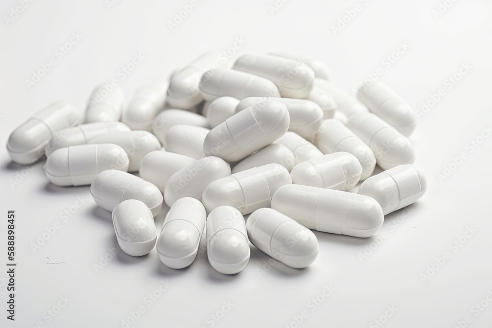 Scattered medical pills isolated on white background. Generative ai. Scattered medical pills isolated on white background. Generative ai.