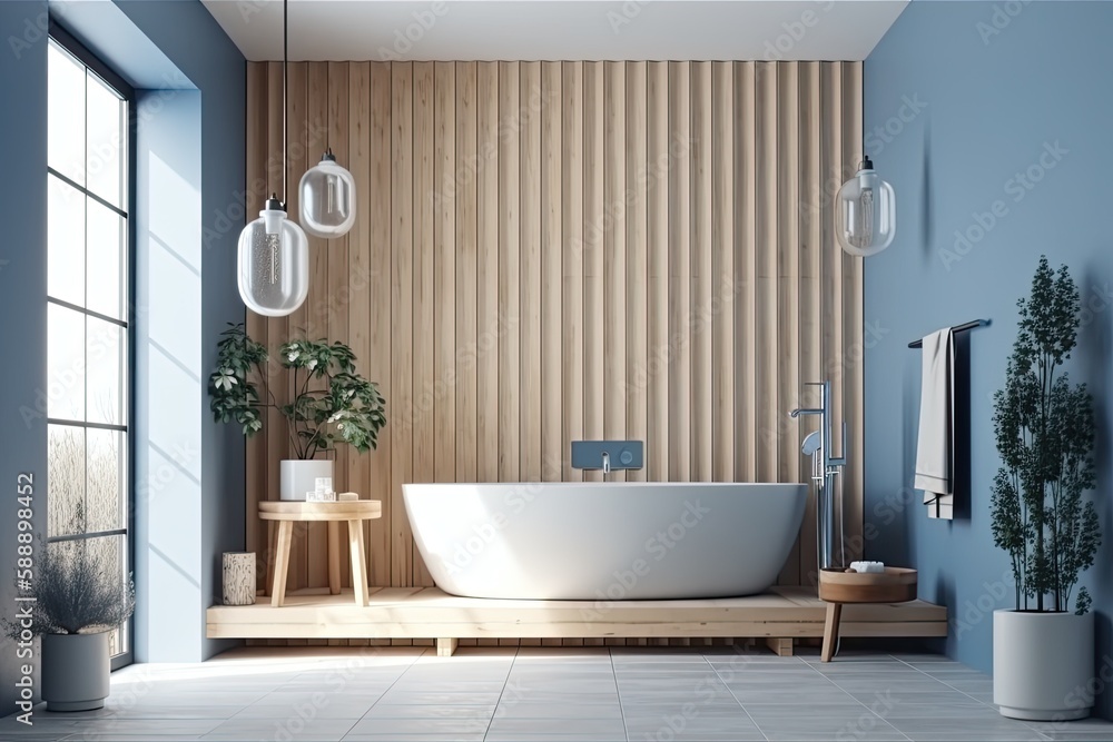 a white and blue minimalist bathroom from Japan. wooden washbasin and bathtub. Panoramic view and wallpapered wall mockup. design of a farmhouse interior. Generative AI