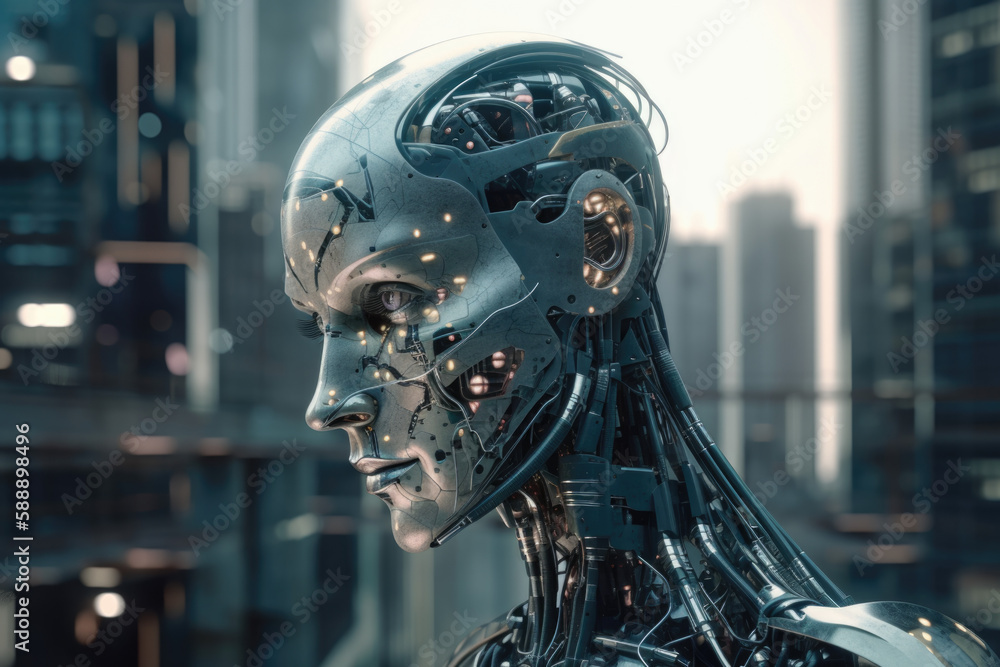 Fototapeta premium AI Bot in a City Background, AGI, 3D Render, Future, Wallpaper