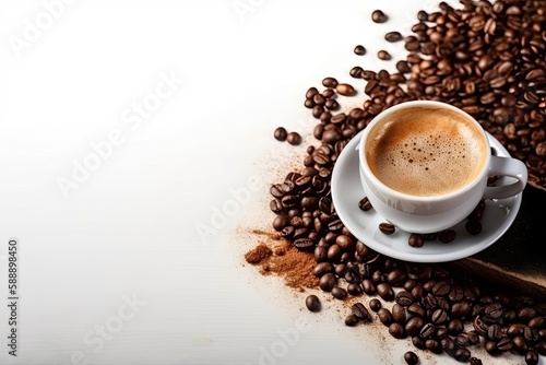A cup of coffee with beans and foam on a white background. Generative ai. © Iryna