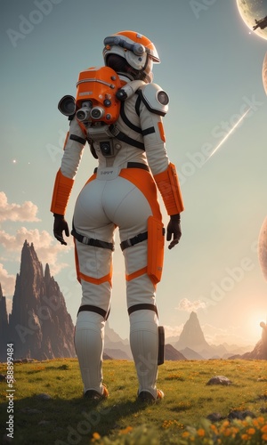 A girl in a spacesuit, traveling on an uncharted planet. Sci fi, landscape back view © Korney