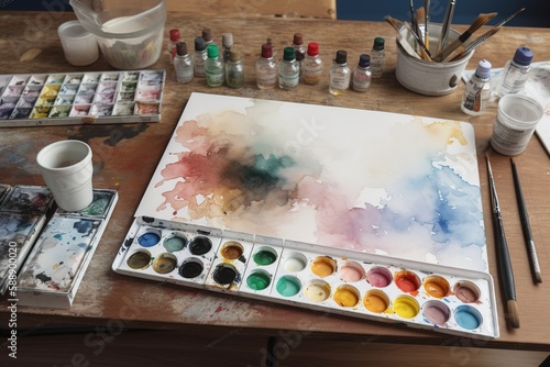 A watercolor palette with differents colors in an artist room