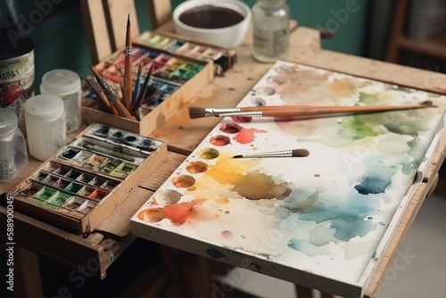 A watercolor palette with differents colors in an artist room