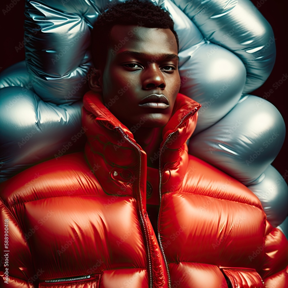 Bubble Man Fashion Portrait of a Handsome Statue Wearing Oversized Puffer Jacket. Generative AI