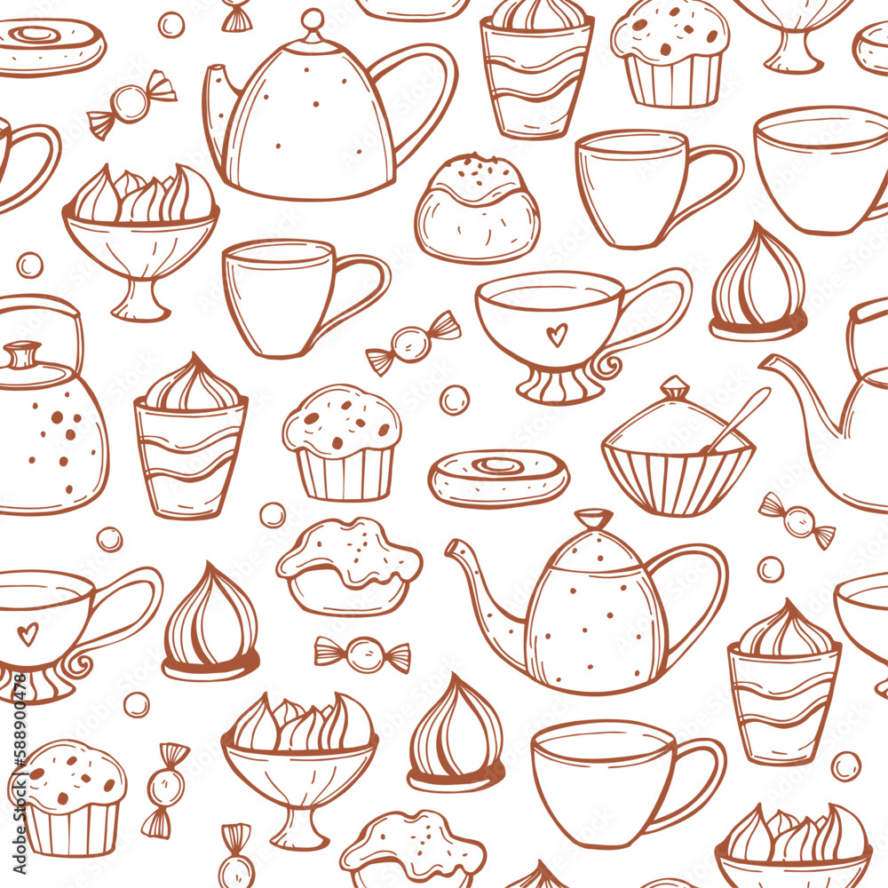 Teapots and cups. Vector pattern. Teapots and cups. Vector pattern.