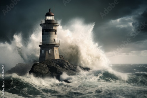 Ocean storm at lighthouse. Generate Ai
