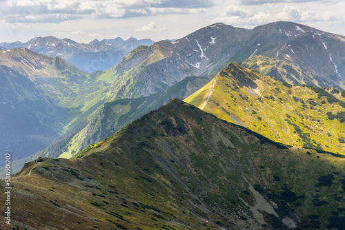 mountain path, hiking trail in Tatra National Park, view from The Kasprawy Peak