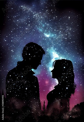 A profile of guy and a girl, silhouettes, stand against the background of a starry sky