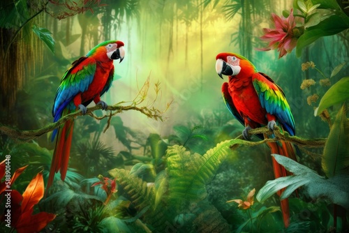 Beautiful tropical parrots. Generate Ai