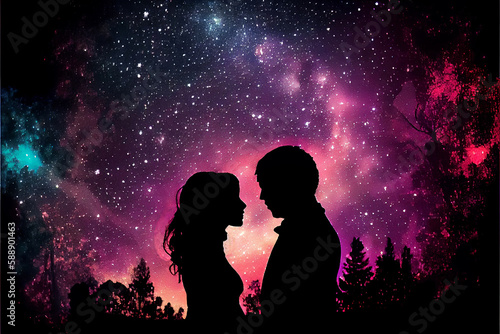 A silhouettes, profile of guy and a girl, stand against the background of a starry sky